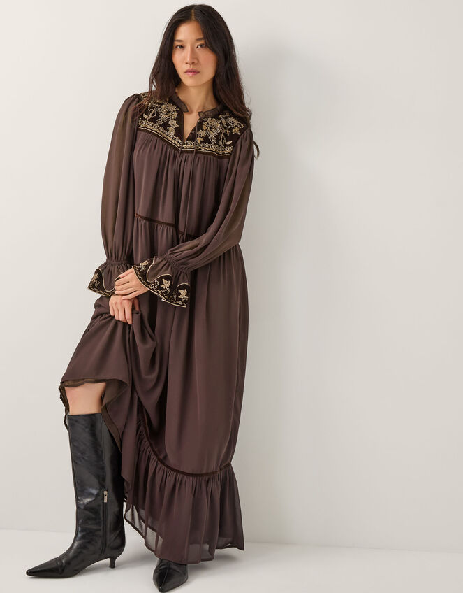 Nova Embroidered Yoke Chiffon Maxi Dress, Brown (CHOCOLATE), large