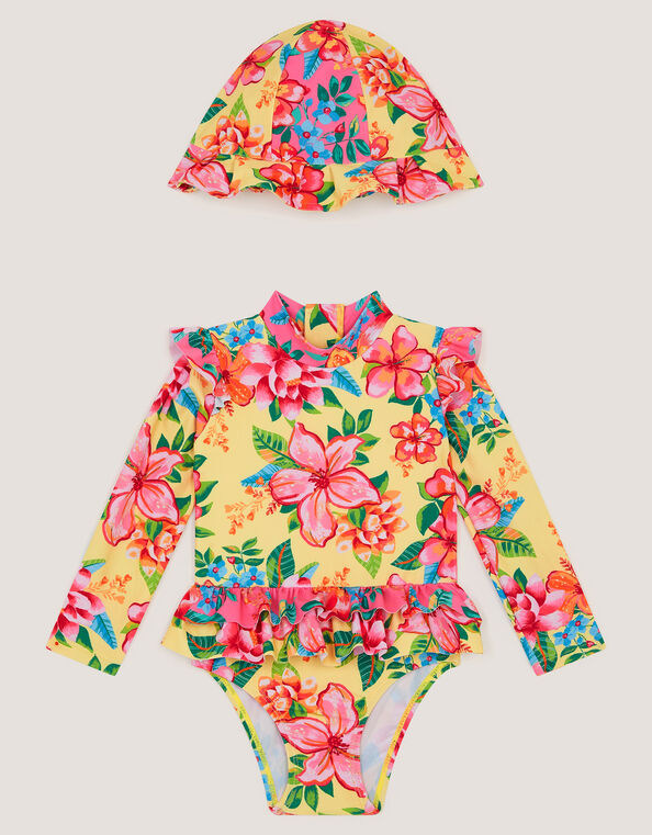 Baby Floral UPF50+ Swimsuit & Hat, Yellow (YELLOW), large
