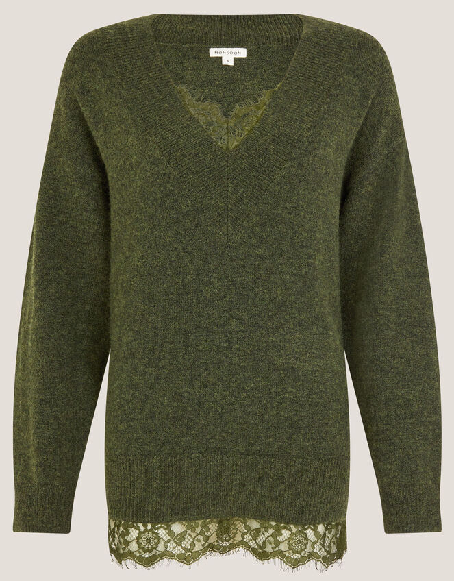 Leanne Lace V-Neck Jumper, Green (KHAKI), large