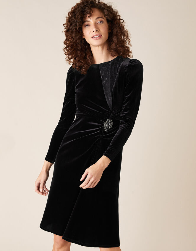 Hannah Crystal Brooch Stretch Velvet Dress, Black (BLACK), large
