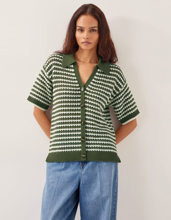 Cally Stripe Collar Jumper, Green (KHAKI), large