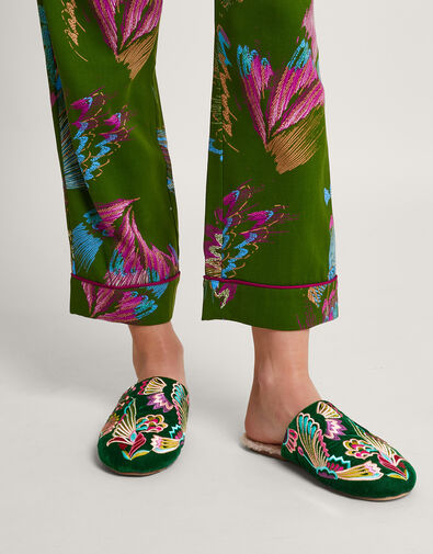 Camilla Bird Embroidered Slippers, Green (GREEN), large