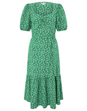 Roxie Rose Print Dress in Organic Cotton, Green (GREEN), large