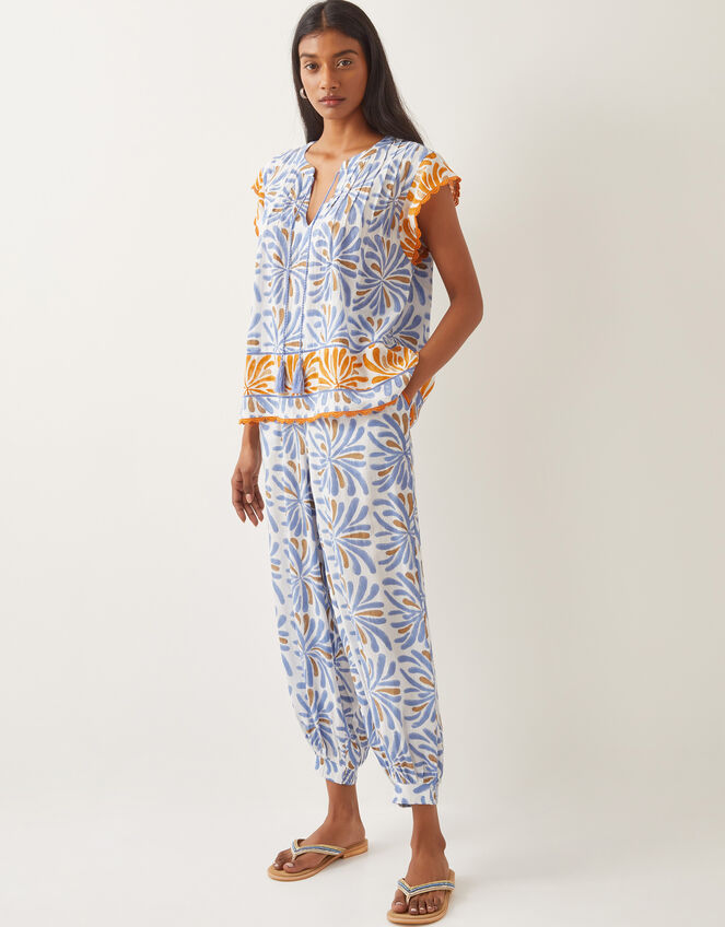 Cece Woodblock Print Top Blue