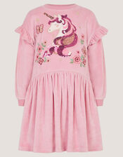 Unicorn Embellished Velour Dress, Pink (PINK), large