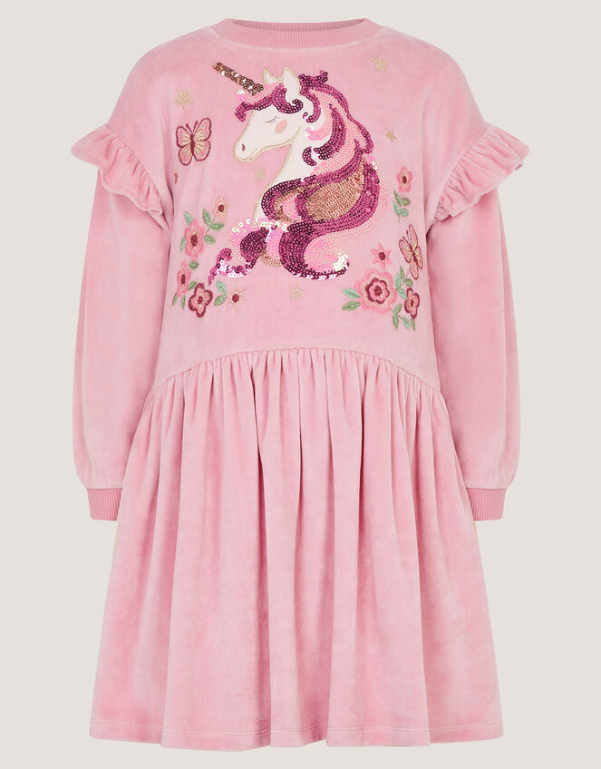 Unicorn Embellished Velour Dress, Pink (PINK), large