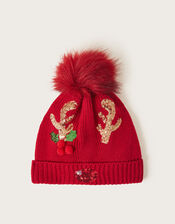 Reindeer Beanie Hat, Red (BURGUNDY), large