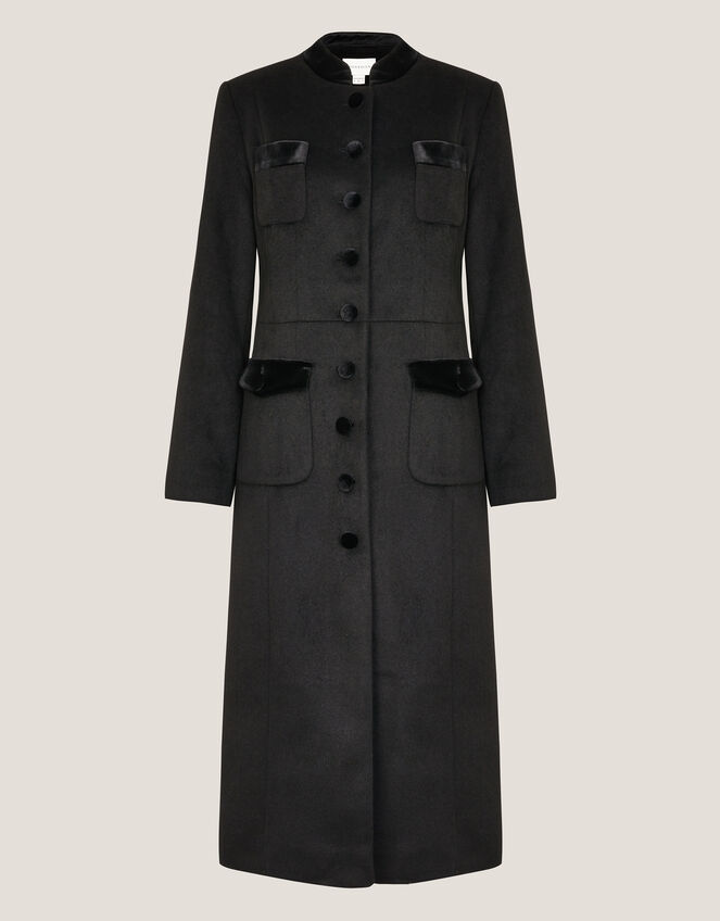 Viv Velvet Trim Military Coat, Black (BLACK), large