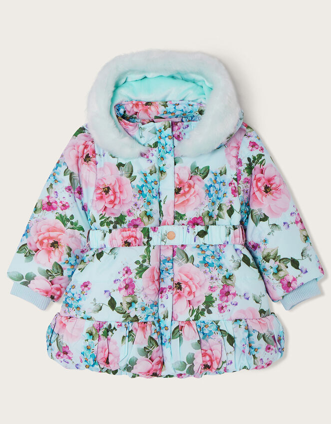 Baby Belted Padded Floral Coat, Blue (AQUA), large