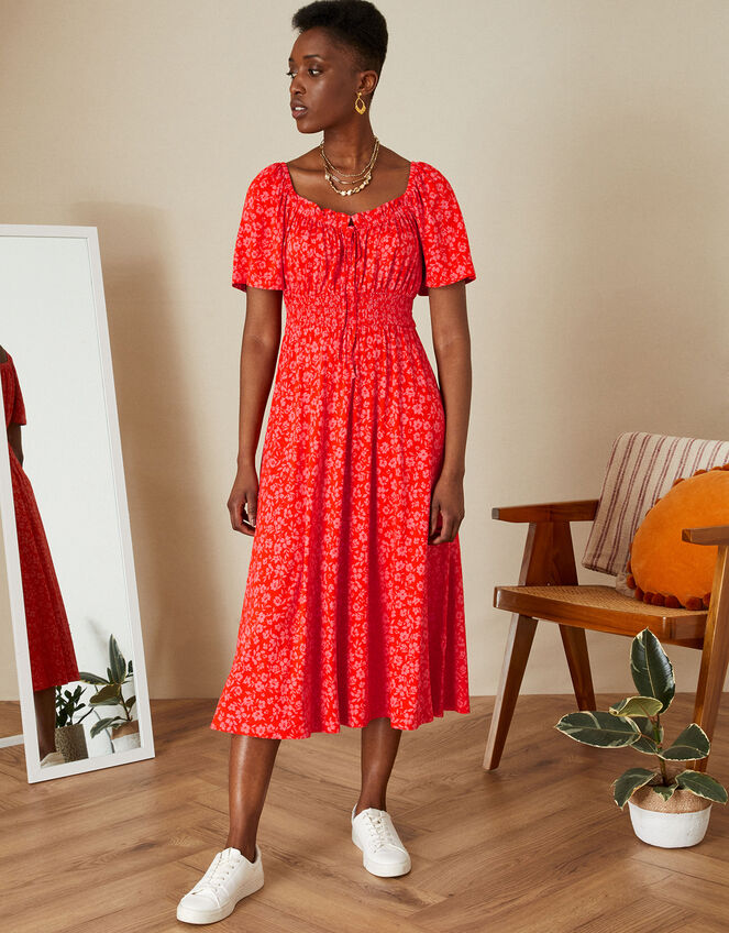 Ditsy Angel Sleeve Midi Jersey Dress Red | Summer Dresses Monsoon UK .