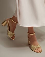 Metallic Twist Front Heeled Sandals, Gold (GOLD), large