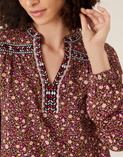Embroidered Trim Floral Blouse, Red (RED), large