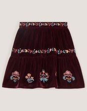 Floral Embroidered Velour Skirt, Red (BURGUNDY), large