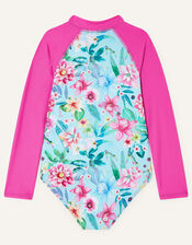 Floral Print Sunsafe Long Sleeve Swimsuit, Blue (TURQUOISE), large