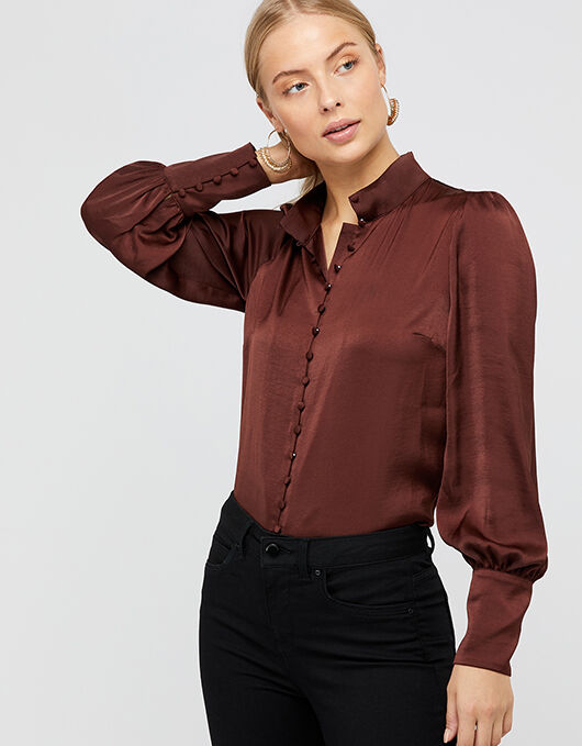 brown high neck blouse