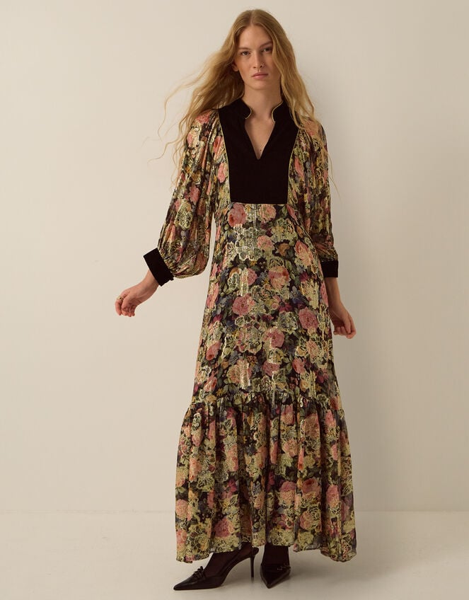 Monsoon x Queens of Archive Patti Velvet Bib Metallic Floral Jacquard Maxi Dress​, Black (BLACK), large