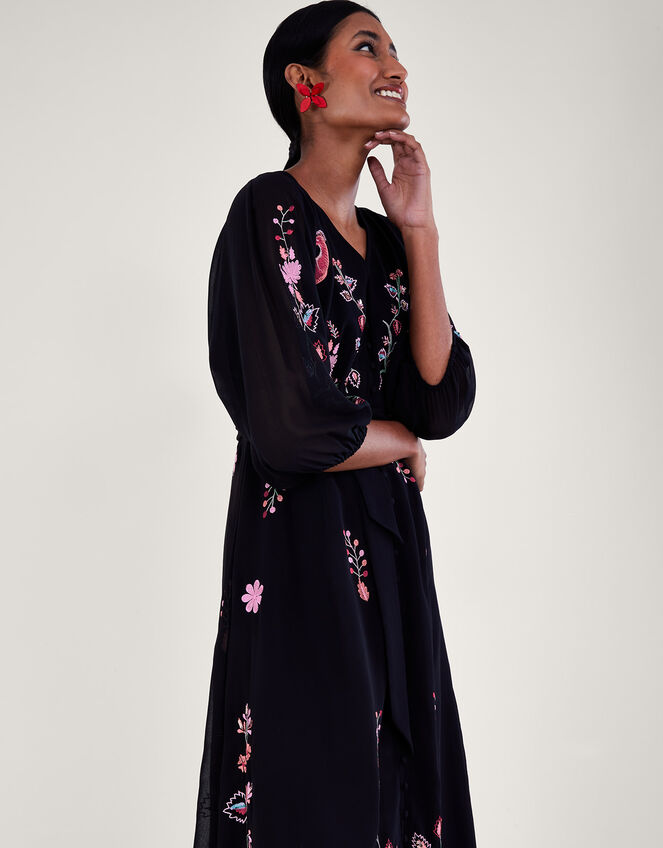 Tina Embroidered Wrap Dress, Black (BLACK), large