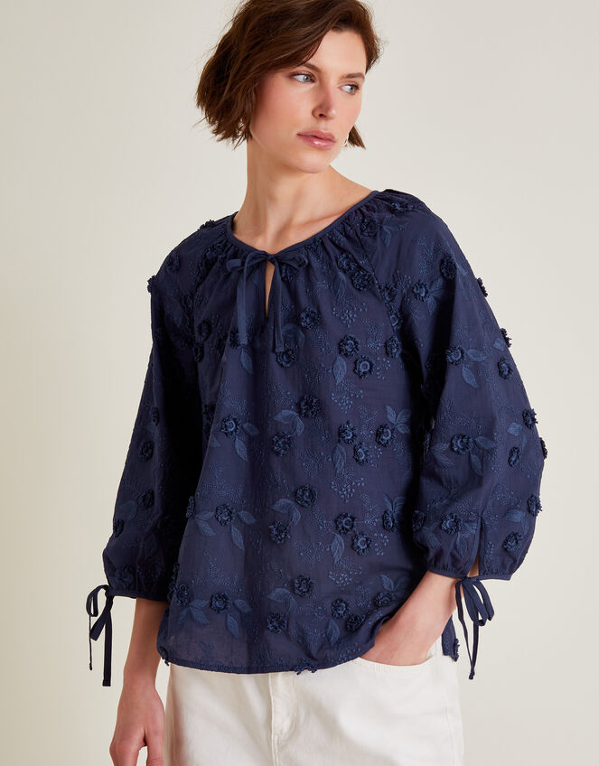 Ivy Floral Embroidered Blouse, Blue (NAVY), large