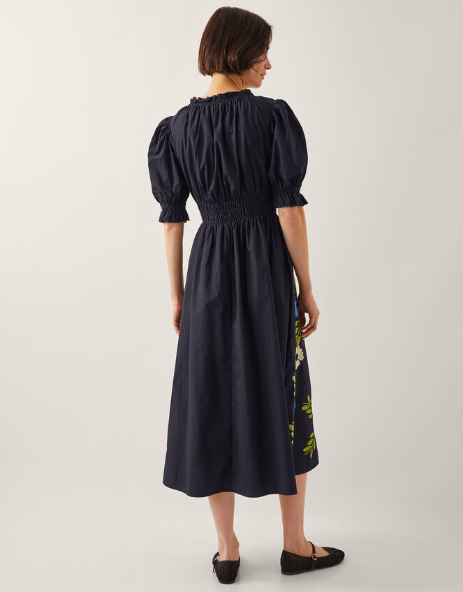 Shona Embroidered Puff-Sleeve Midi Dress, Black (BLACK), large