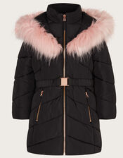 Belted Faux Fur Hooded Coat, Black (BLACK), large
