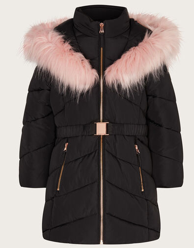 Belted Faux Fur Hooded Coat, Black (BLACK), large