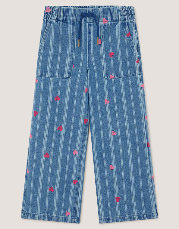 Embroidered Heart Stripe Denim Jeans, Blue (BLUE), large