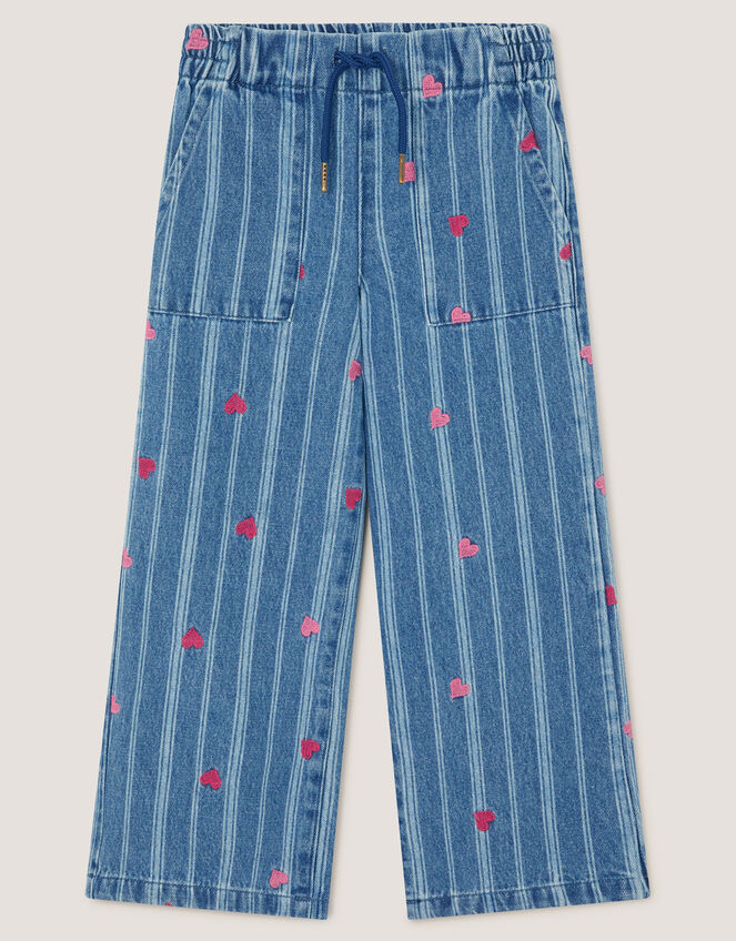Embroidered Heart Stripe Denim Jeans, Blue (BLUE), large