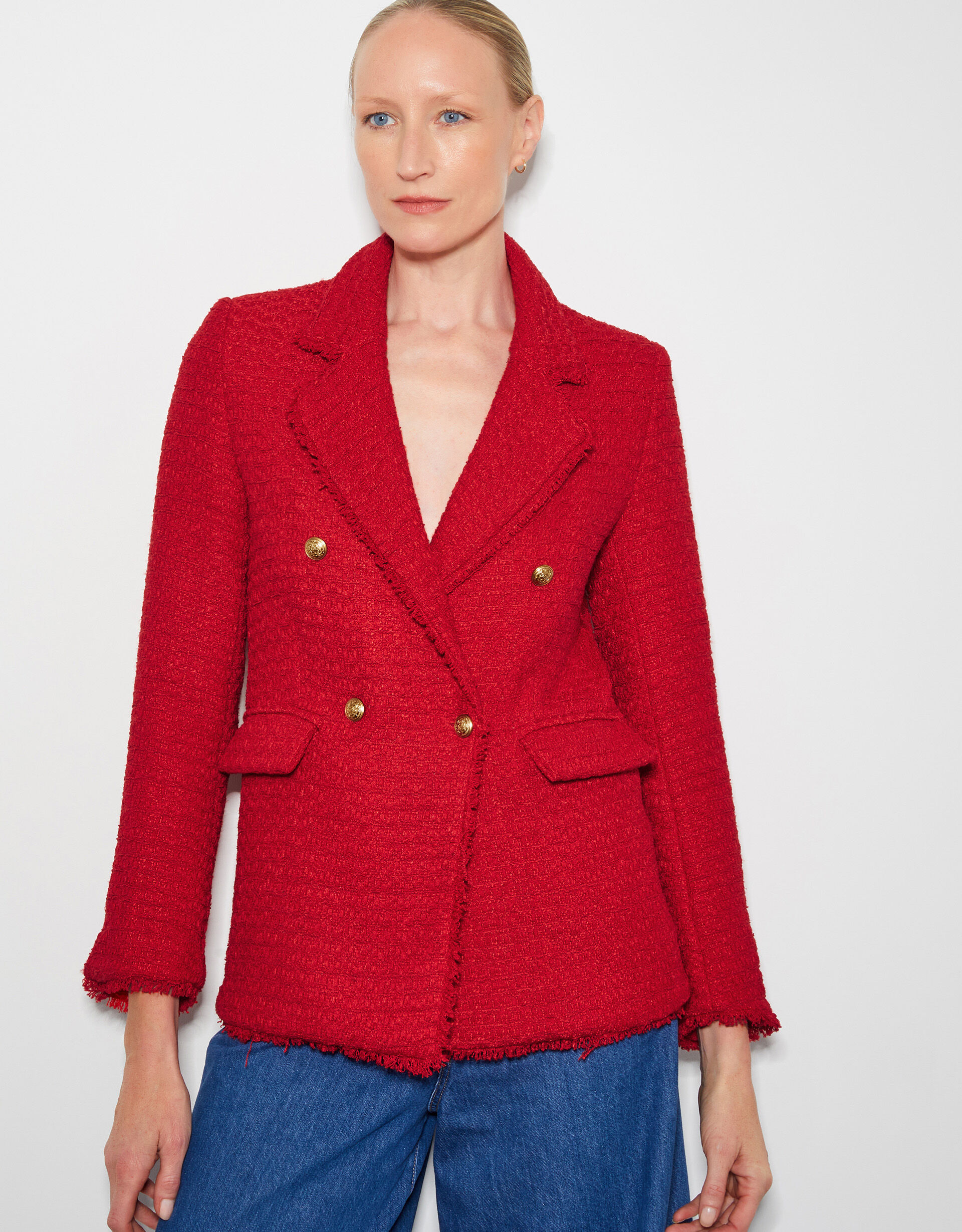 Red tweed blazer womens hot sale