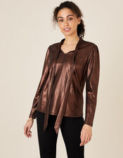 Madeline Metallic Pussybow Blouse, Bronze (BRONZE), large