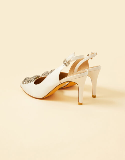 Diamante Trim Pointed Toe Slingback Heels, White (WHITE), large