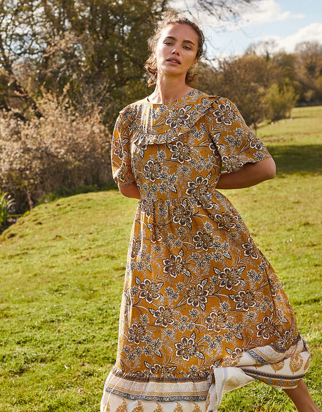 Suranne Heritage Print Bib Dress, Yellow (OCHRE), large