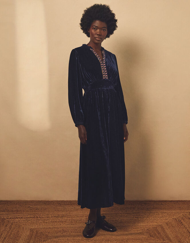 Easy Wendy Floral Embroidered Velvet Maxi Dress, Blue (NAVY BLUE), large