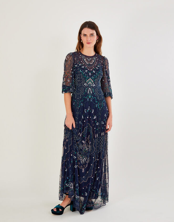 Lily Embellished Maxi Dress with Recycled Polyester , Blue (NAVY), large
