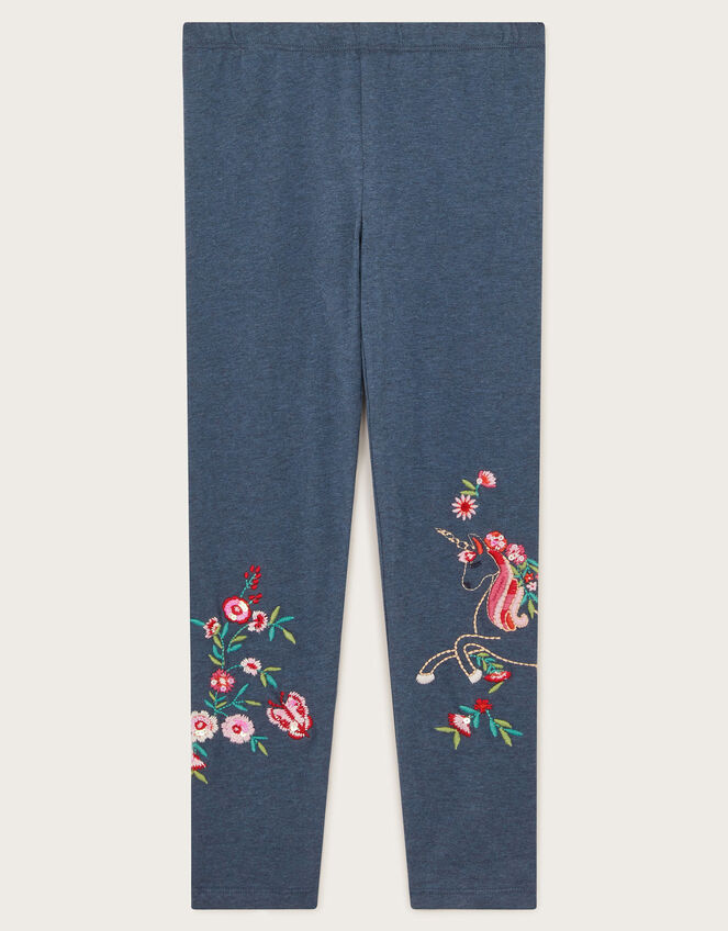 Floral Unicorn Embroidered Leggings, Blue (NAVY), large