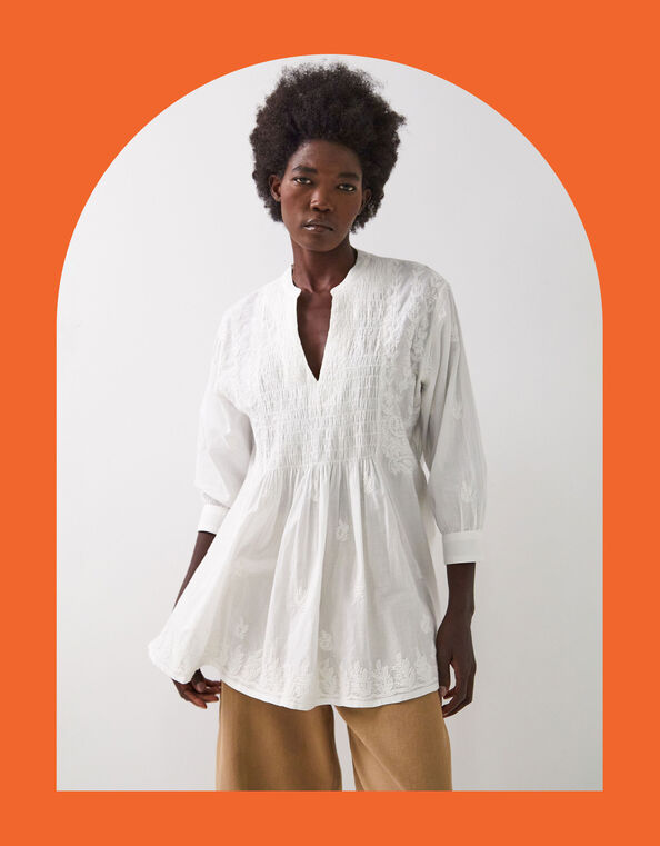 East Donnie Smocked Embroidered Top, White (WHITE), large