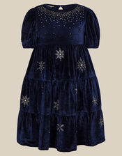 Snowflake Sparkle Velour Party Dress, Blue (NAVY), large