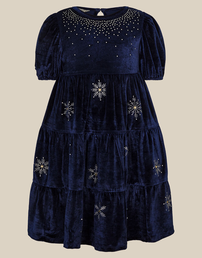 Snowflake Sparkle Velour Party Dress, Blue (NAVY), large