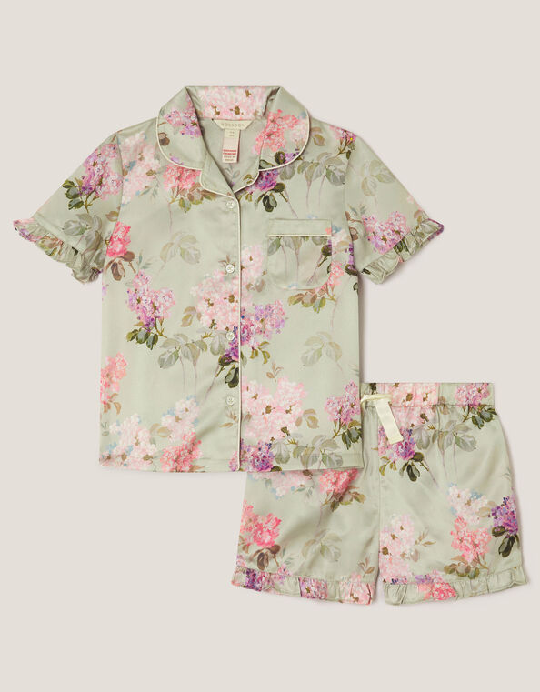 Floral Satin Short Pyjamas & Eye Mask Set, Green (GREEN), large