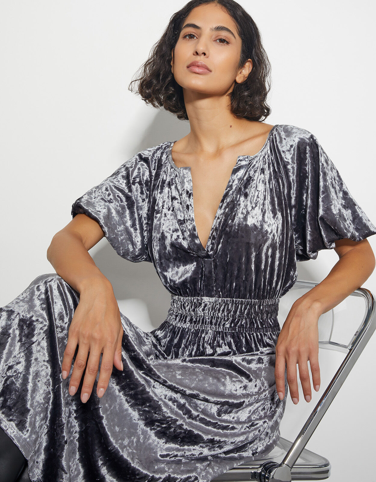 Valle Puff Sleeve Velvet Midi Dress Grey Midi Dresses Monsoon UK