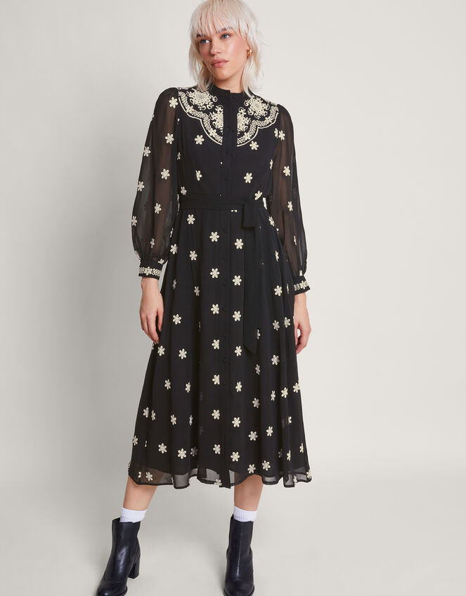 Fiori Embroidered Shirt Dress, Black (BLACK), large