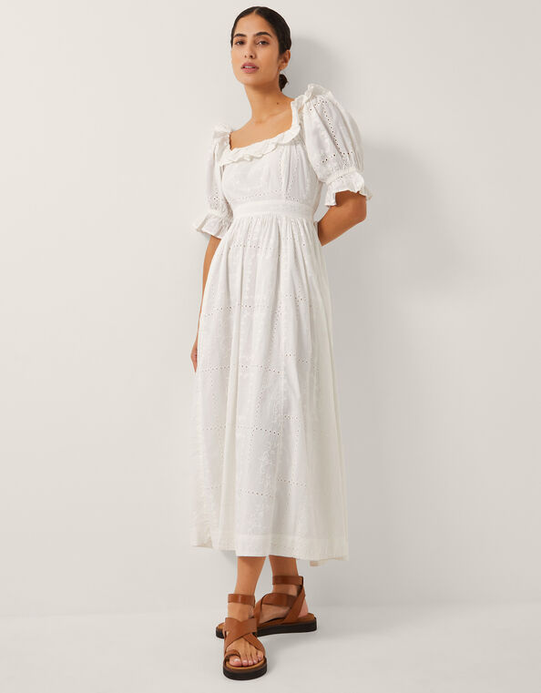 The India Edit Matilda Puff Sleeve Broderie Midi Dress, White (WHITE), large