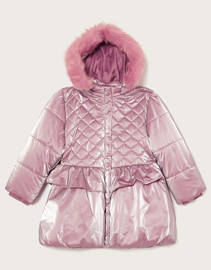 Iridescent Faux Fur Hood Padded Coat Pink