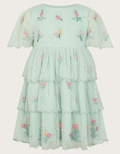 Floral Embroidered Tiered Tulle Dress, Green (GREEN), large