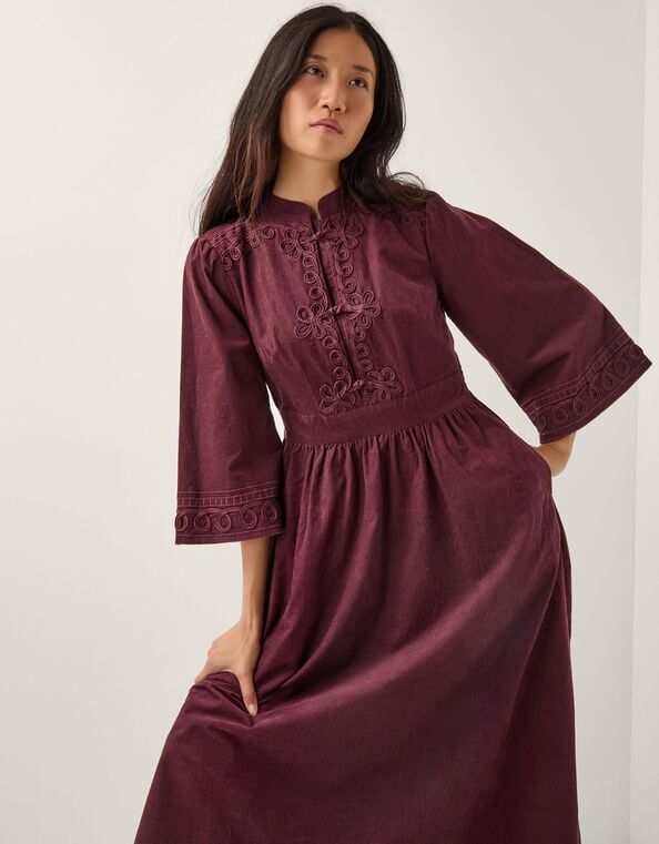Jimena Embroidered Corduroy Midi Dress, Red (BURGUNDY), large