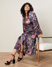 Satin Animal Print Shirt Dress, Grey (CHARCOAL), large