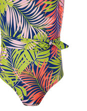 Palm Printed Belted Swimsuit, Blue (BLUE), large