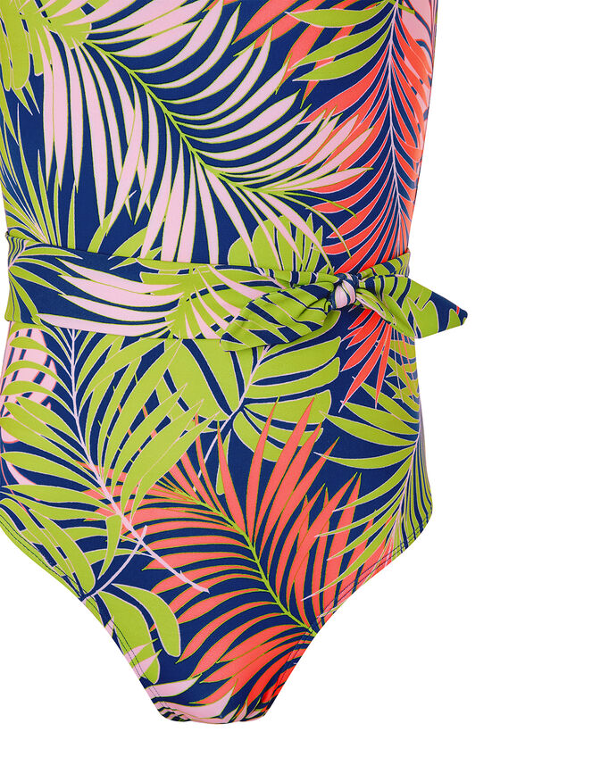 Palm Printed Belted Swimsuit, Blue (BLUE), large