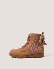 Bow Embroidered Lace-Up Boots, Tan (TAN), large