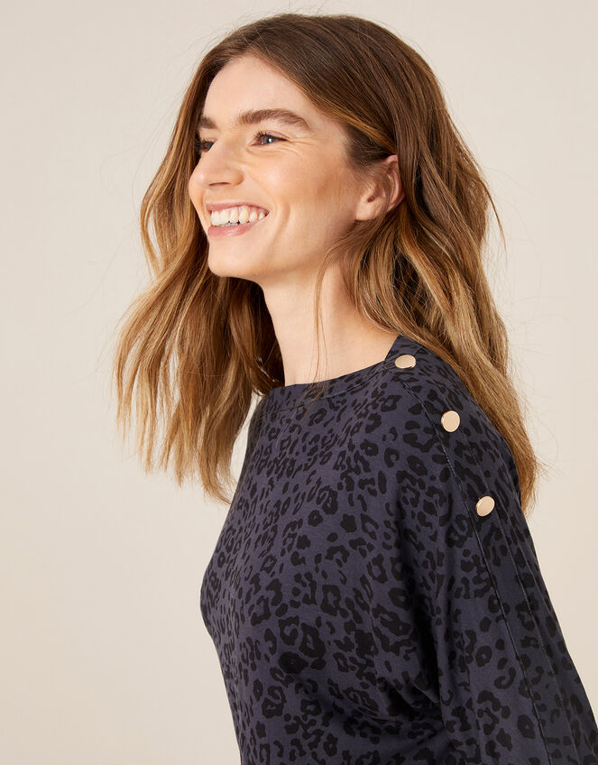 LOUNGE Animal Print Gold Button Top, Grey (GREY), large