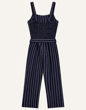 Stripe Jumpsuit in Pure Linen, Blue (NAVY), large
